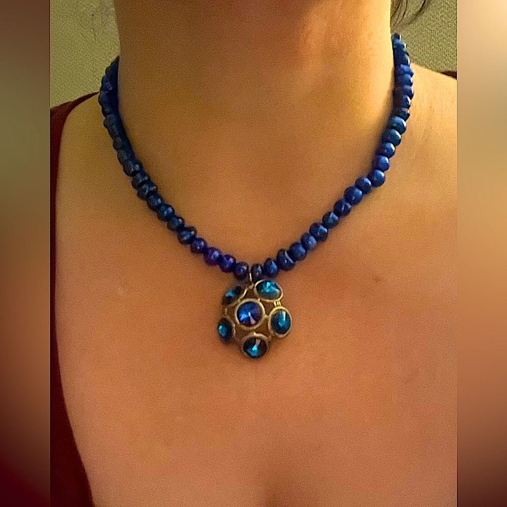 🫐 Royal Blue Freshwater Pearl Necklace & Matching Earrings Set, Gold Accents 🫐